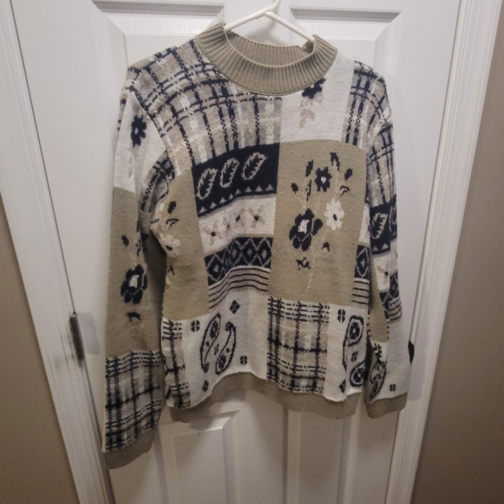 Alfred Dunner Tan and Blue Cowl Neck Sweater